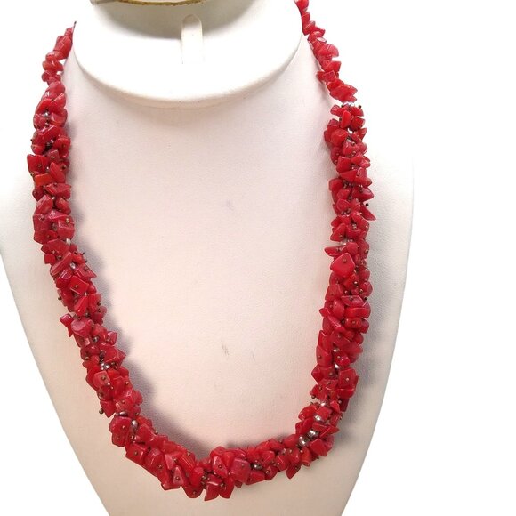 Vintage Coral Cluster Necklace, Bright Red Chips on Bib Strand - Picture 1 of 5